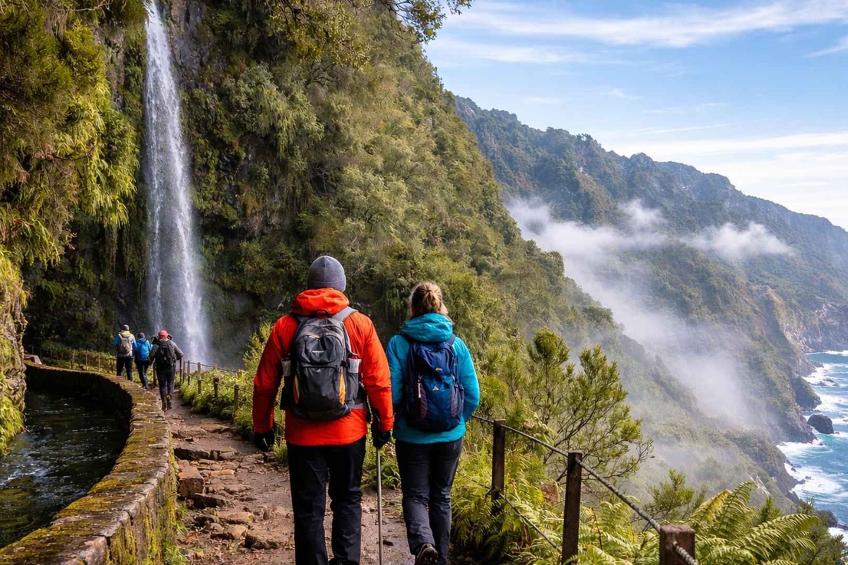 Hikers walking along levada path with waterfall and coastal views in Madeira