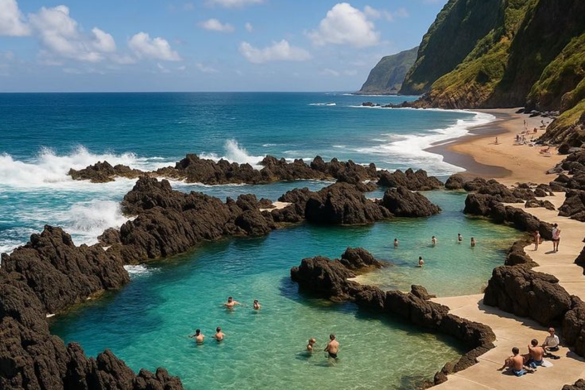 Natural volcanic lava pools on Madeira coastline with Atlantic ocean waves